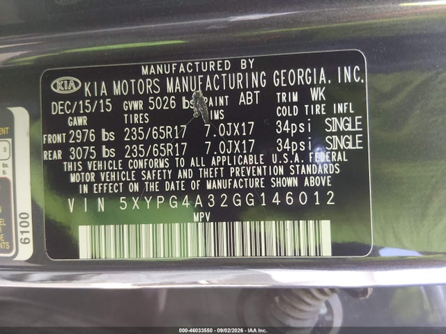 46033550 :رقم المزاد ، 5XYPG4A32GG146012 vin ، 2016 Kia Sorento 2.4l Lx مزاد بيع