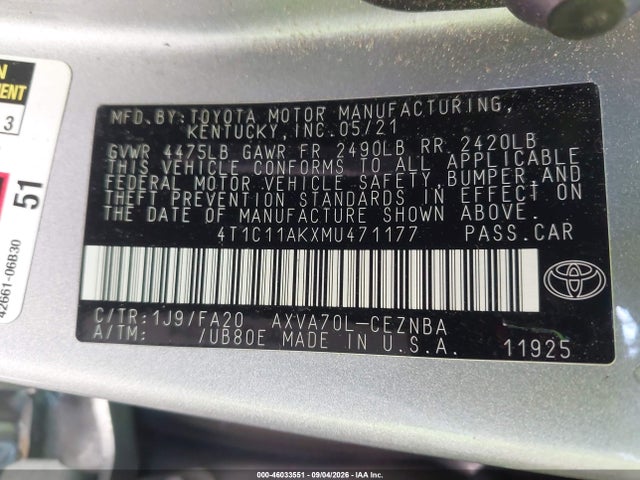 Aukcja sprzedaży 2021 Toyota Camry Le, vin: 4T1C11AKXMU471177, numer aukcji: 46033551