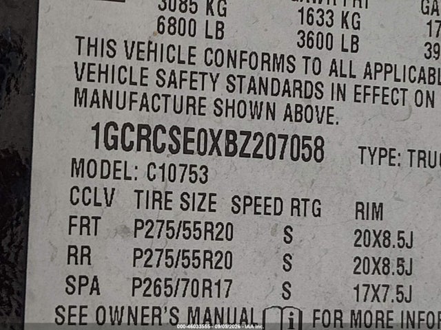 46033555 :رقم المزاد ، 1GCRCSE0XBZ207058 vin ، 2011 Chevrolet Silverado 1500 Lt مزاد بيع
