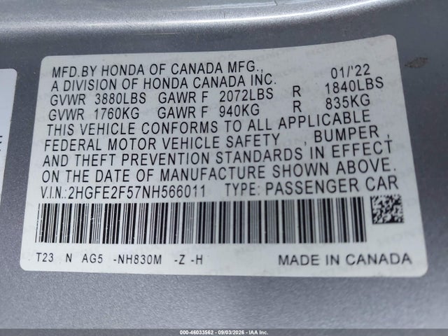 46033562 :رقم المزاد ، 2HGFE2F57NH566011 vin ، 2022 Honda Civic Sport مزاد بيع