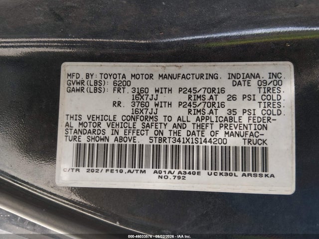 2001 Toyota Tundra Sr5 V8 მანქანა იყიდება აუქციონზე, vin: 5TBRT341X1S144200, აუქციონის ნომერი: 46033576