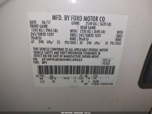 Aukcja sprzedaży 2017 Ford Edge Titanium, vin: 2FMPK4K80HBC26922, numer aukcji: 46033586