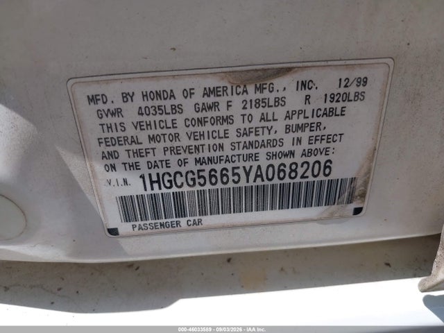 Aukcja sprzedaży 2000 Honda Accord 2.3 Ex, vin: 1HGCG5665YA068206, numer aukcji: 46033589