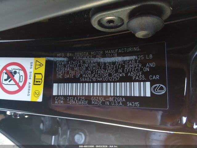 Aukcja sprzedaży 2019 Lexus Es 350 F Sport, vin: 58ABZ1B14KU012257, numer aukcji: 46033598