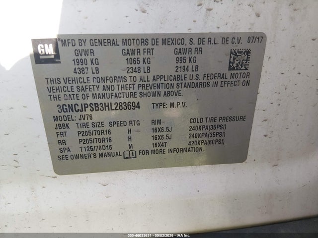 Продажа на аукционе авто 2017 Chevrolet Trax Lt, vin: 3GNCJPSB3HL283694, номер лота: 46033631