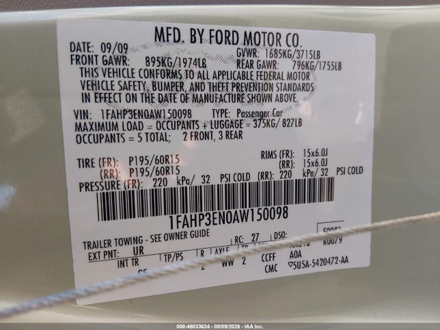 46033634 :رقم المزاد ، 1FAHP3EN0AW150098 vin ، 2010 Ford Focus S مزاد بيع