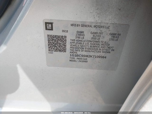 46033638 :رقم المزاد ، 1G1BC5SM2K7109964 vin ، 2019 Chevrolet Cruze Ls مزاد بيع