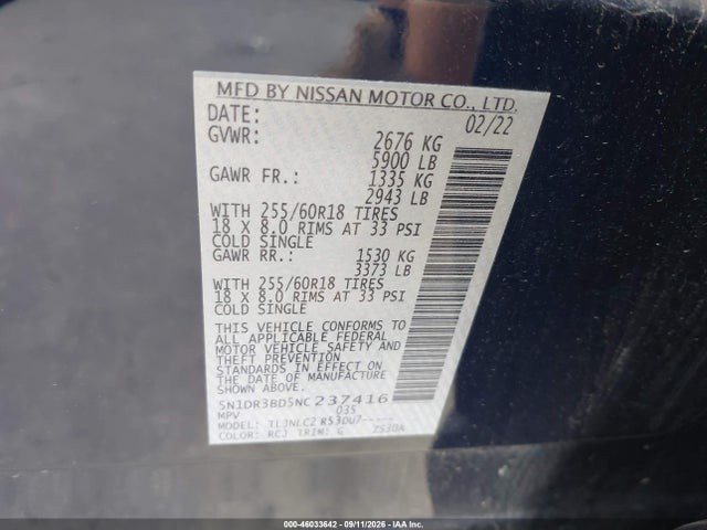Aukcja sprzedaży 2022 Nissan Pathfinder Sv 4wd, vin: 5N1DR3BD5NC237416, numer aukcji: 46033642