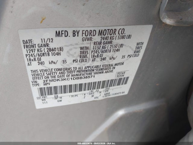 46033674 :رقم المزاد ، 2FMDK3KC1DBB38571 vin ، 2013 Ford Edge Limited مزاد بيع