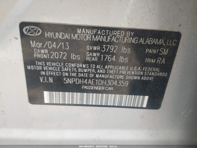 Aukcja sprzedaży 2013 Hyundai Elantra Gls, vin: 5NPDH4AE1DH304359, numer aukcji: 46033678