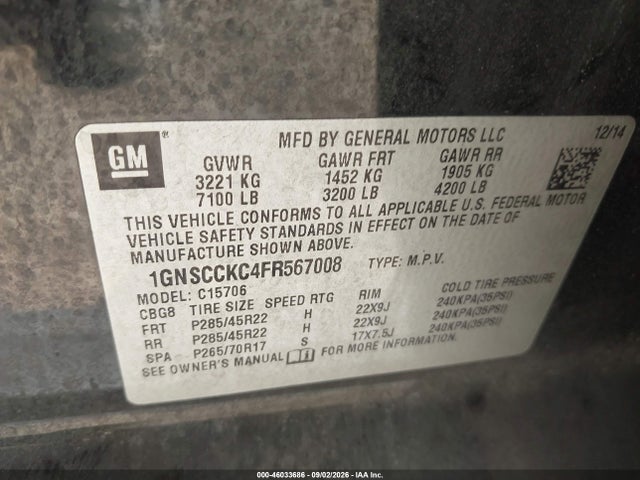 Aukcja sprzedaży 2015 Chevrolet Tahoe Ltz, vin: 1GNSCCKC4FR567008, numer aukcji: 46033686
