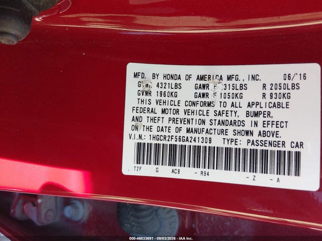 Aukcja sprzedaży 2016 Honda Accord Sport, vin: 1HGCR2F56GA241309, numer aukcji: 46033691
