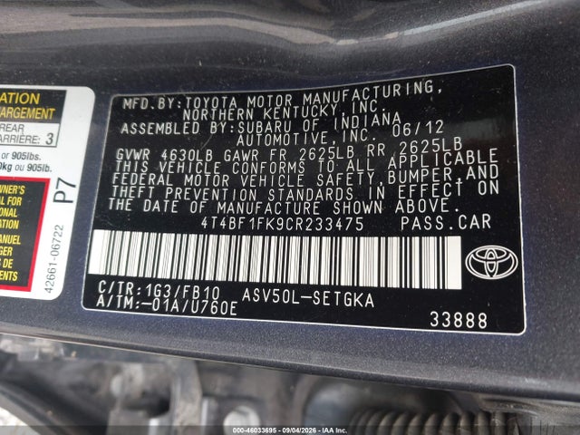 46033695 :رقم المزاد ، 4T4BF1FK9CR233475 vin ، 2012 Toyota Camry Xle مزاد بيع
