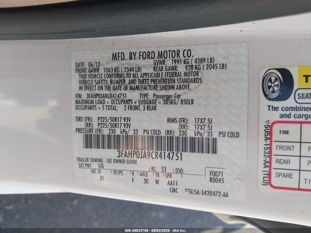 Продажа на аукционе авто 2012 Ford Fusion Sel, vin: 3FAHP0JA9CR414751, номер лота: 46033706