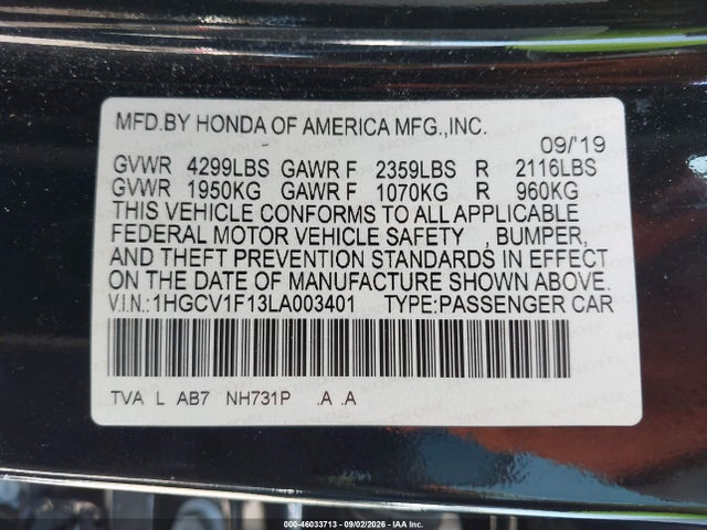 Honda ACCORD LX 2020 1HGCV1F13LA003401 Image 9