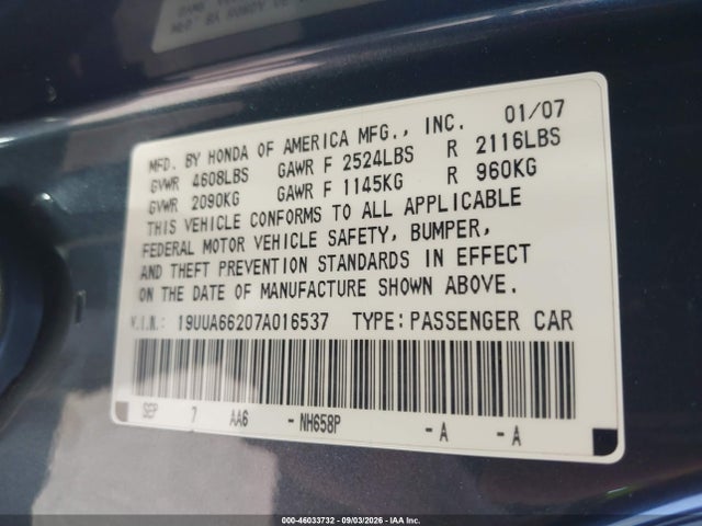 Aukcja sprzedaży 2007 Acura Tl 3.2, vin: 19UUA66207A016537, numer aukcji: 46033732