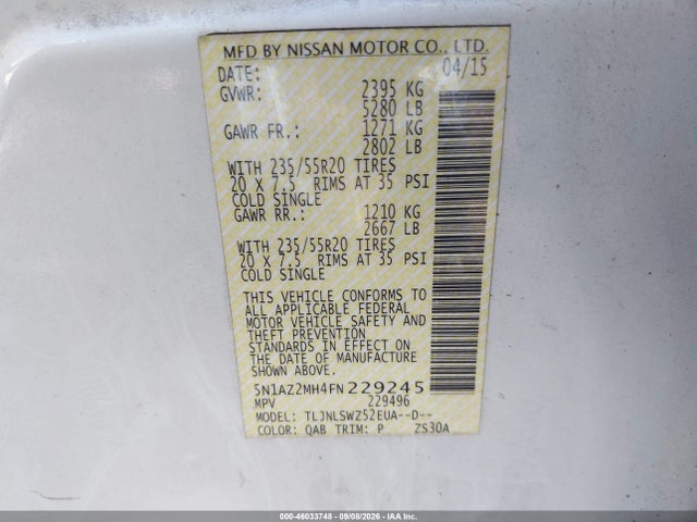 2015 Nissan Murano Platinum მანქანა იყიდება აუქციონზე, vin: 5N1AZ2MH4FN229245, აუქციონის ნომერი: 46033748