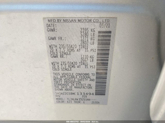 Продаж на аукціоні авто 2021 Nissan Murano Sl Intelligent Awd, vin: 5N1AZ2CS8MC133494, номер лоту: 46033763