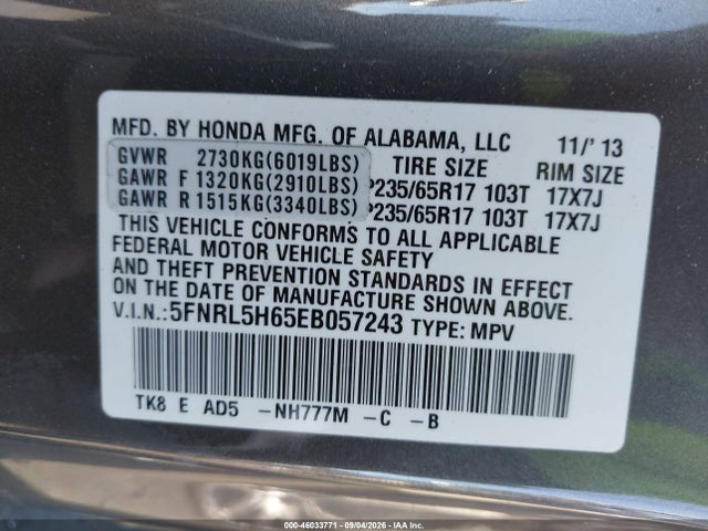 Honda Odyssey Ex-l 2014 5FNRL5H65EB057243 Image 9