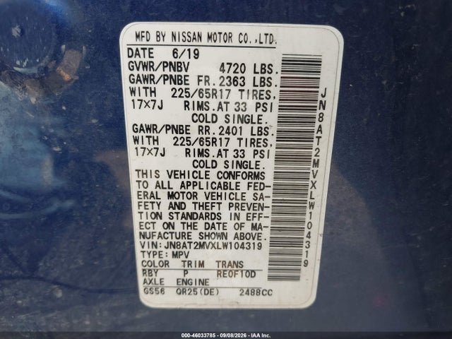 46033785 :رقم المزاد ، JN8AT2MVXLW104319 vin ، 2020 Nissan Rogue Sv Intelligent Awd مزاد بيع