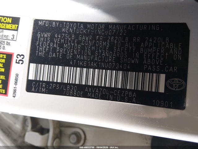 Продажа на аукционе авто 2022 Toyota Camry Xse, vin: 4T1K61AK1NU073404, номер лота: 46033788