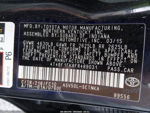 Aukcja sprzedaży 2015 Toyota Camry Le, vin: 4T4BF1FK8FR489031, numer aukcji: 46033798