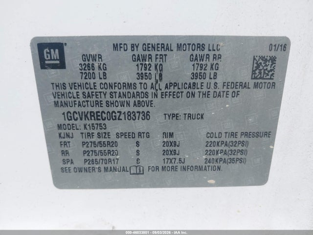 Aukcja sprzedaży 2016 Chevrolet Silverado 1500 Lt, vin: 1GCVKREC0GZ183736, numer aukcji: 46033801
