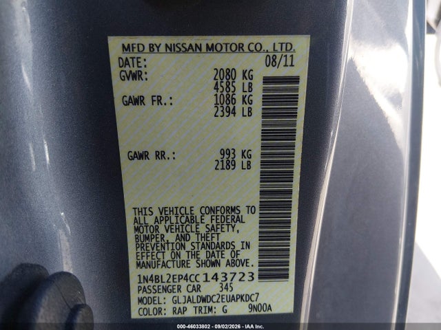 2012 Nissan Altima 3.5 Sr მანქანა იყიდება აუქციონზე, vin: 1N4BL2EP4CC143723, აუქციონის ნომერი: 46033802