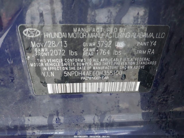 2013 Hyundai Elantra Gls მანქანა იყიდება აუქციონზე, vin: 5NPDH4AE6DH355100, აუქციონის ნომერი: 46033809