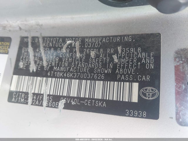 Продаж на аукціоні авто 2007 Toyota Camry Se V6, vin: 4T1BK46K37U037626, номер лоту: 46033810