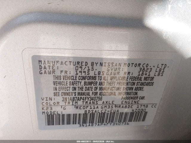 Aukcja sprzedaży 2015 Nissan Sentra S, vin: 3N1AB7AP4FY340756, numer aukcji: 46033811