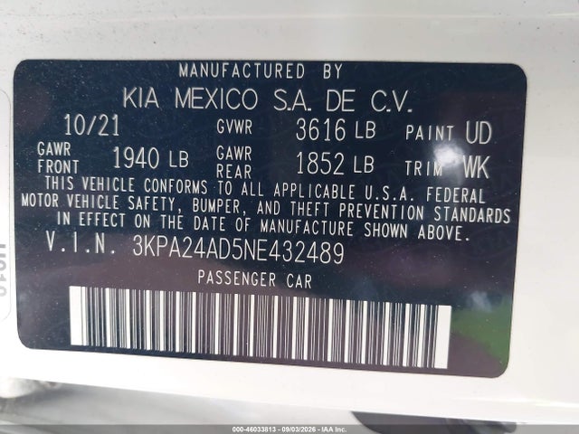 Auction sale of the 2022 Kia Rio S, vin: 3KPA24AD5NE432489, lot number: 46033813