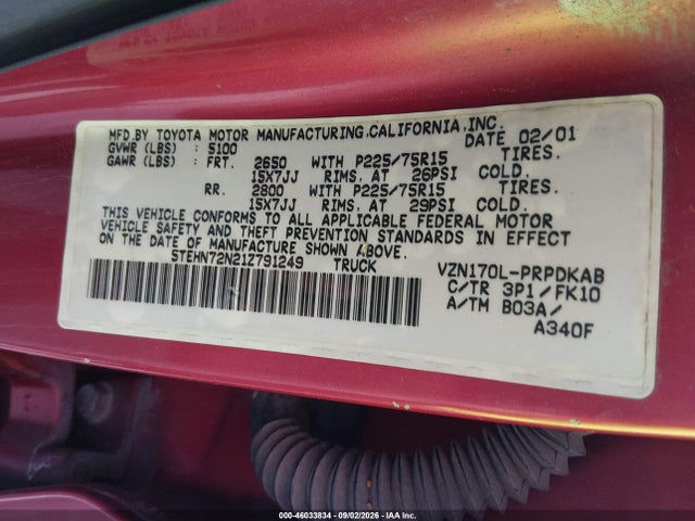 46033834 :رقم المزاد ، 5TEHN72N21Z791249 vin ، 2001 Toyota Tacoma Base V6 مزاد بيع