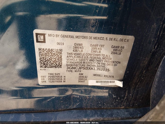 2019 Chevrolet Trax Lt მანქანა იყიდება აუქციონზე, vin: 3GNCJPSBXKL392015, აუქციონის ნომერი: 46033835