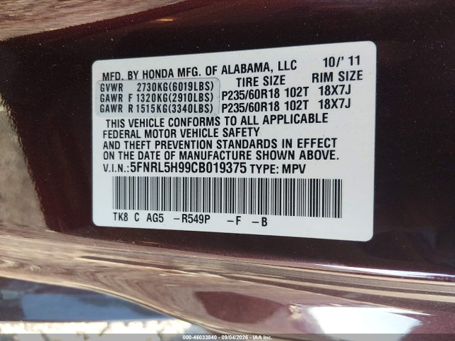 Продаж на аукціоні авто 2012 Honda Odyssey Touring/touring Elite, vin: 5FNRL5H99CB019375, номер лоту: 46033840