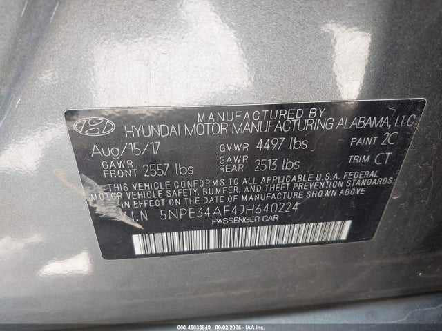 2018 Hyundai Sonata Sel მანქანა იყიდება აუქციონზე, vin: 5NPE34AF4JH640224, აუქციონის ნომერი: 46033849