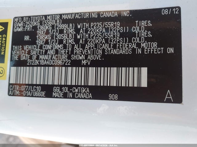 Aukcja sprzedaży 2013 Lexus Rx 350, vin: 2T2ZK1BA4DC096722, numer aukcji: 46033864
