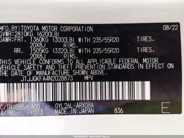 Aukcja sprzedaży 2022 Lexus Rx 450hl Luxury, vin: JTJJGKFA4N2028873, numer aukcji: 46033872