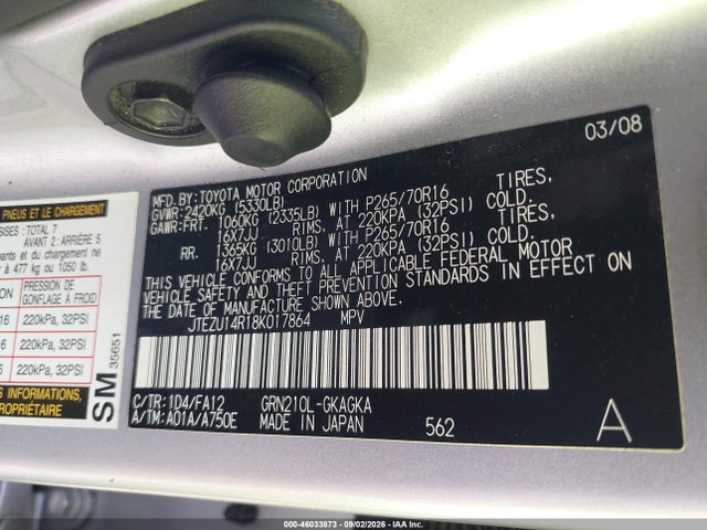46033873 :رقم المزاد ، JTEZU14R18K017864 vin ، 2008 Toyota 4runner Sr5 V6 مزاد بيع