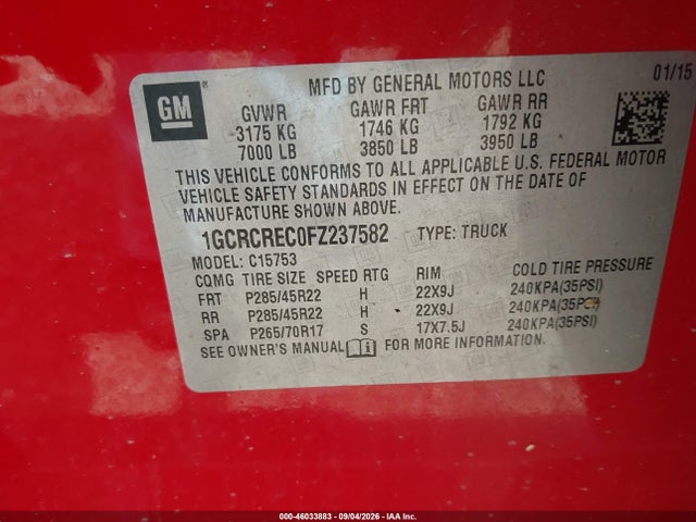 46033883 :رقم المزاد ، 1GCRCREC0FZ237582 vin ، 2015 Chevrolet Silverado 1500 1lt مزاد بيع