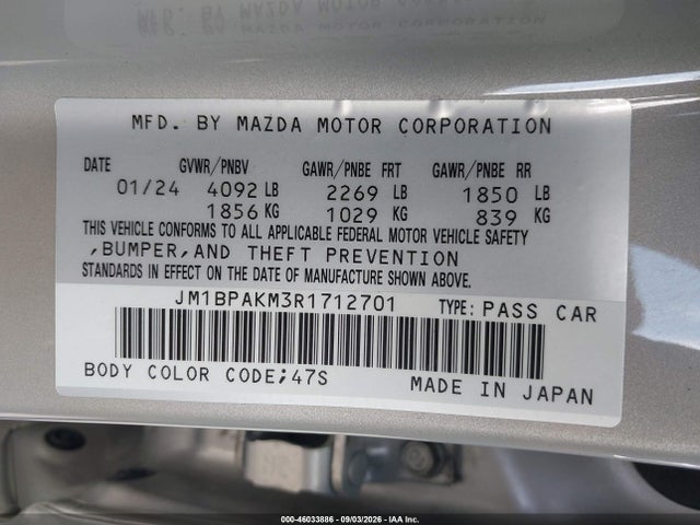 2024 Mazda Mazda3 2.5 S Select Sport მანქანა იყიდება აუქციონზე, vin: JM1BPAKM3R1712701, აუქციონის ნომერი: 46033886