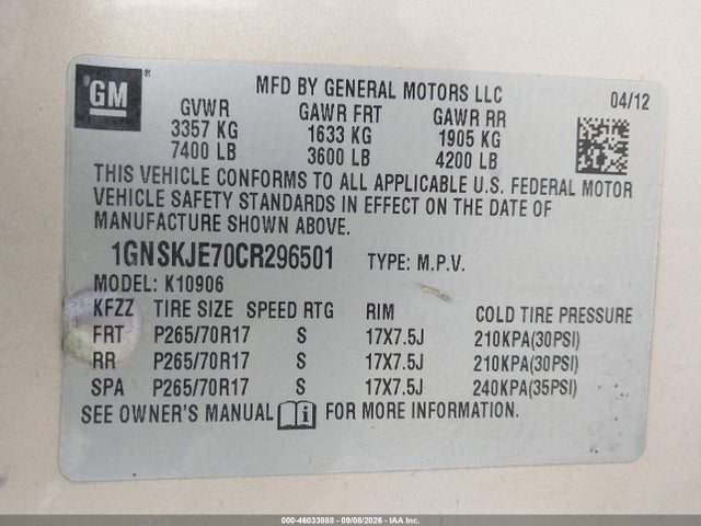 46033888 :رقم المزاد ، 1GNSKJE70CR296501 vin ، 2012 Chevrolet Suburban 1500 Lt مزاد بيع