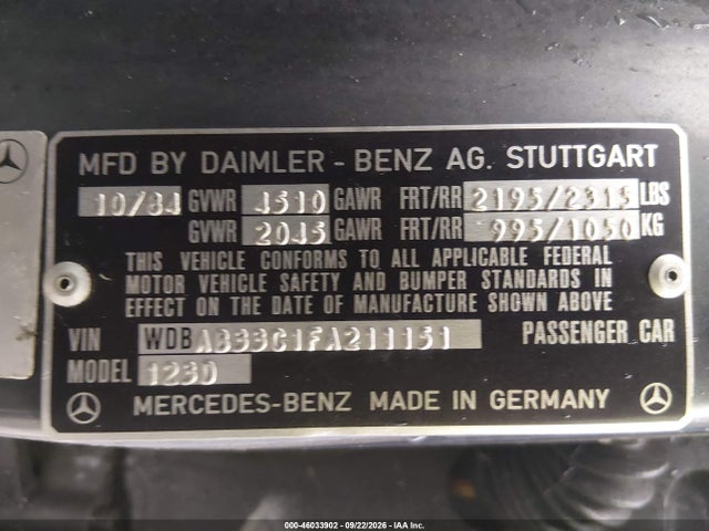 Aukcja sprzedaży 1985 Mercedes-benz 300 Dt, vin: WDBAB33C1FA211151, numer aukcji: 46033902