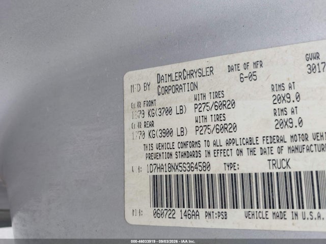 46033919 :رقم المزاد ، 1D7HA18NX5S364580 vin ، 2005 Dodge Ram 1500 Slt/laramie مزاد بيع