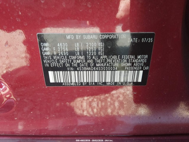 Aukcja sprzedaży 2025 Subaru Legacy Premium, vin: 4S3BWAD64S3030034, numer aukcji: 46033939