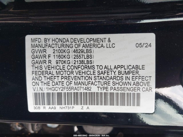 2024 Honda Accord Hybrid Sport მანქანა იყიდება აუქციონზე, vin: 1HGCY2F55RA071482, აუქციონის ნომერი: 46033942