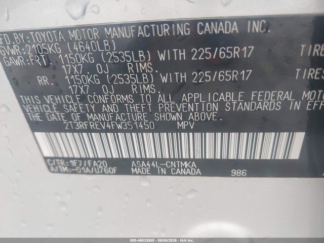 Aukcja sprzedaży 2015 Toyota Rav4 Xle, vin: 2T3RFREV4FW351450, numer aukcji: 46033950
