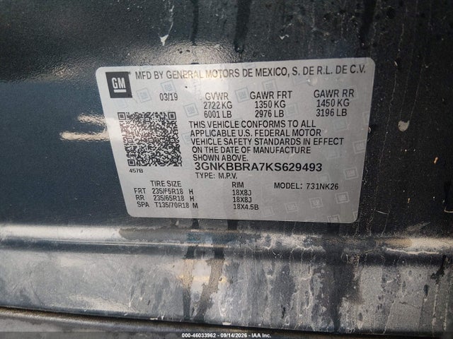 2019 Chevrolet Blazer მანქანა იყიდება აუქციონზე, vin: 3GNKBBRA7KS629493, აუქციონის ნომერი: 46033962