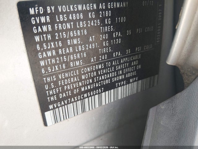 Продажа на аукционе авто 2012 Volkswagen Tiguan Le, vin: WVGAV7AX0CW560057, номер лота: 46033968