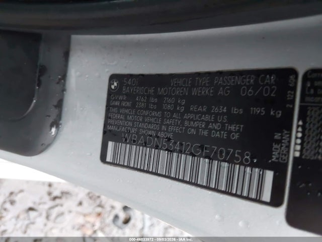 Продажа на аукционе авто 2002 Bmw 540i, vin: WBADN53412GF70758, номер лота: 46033972